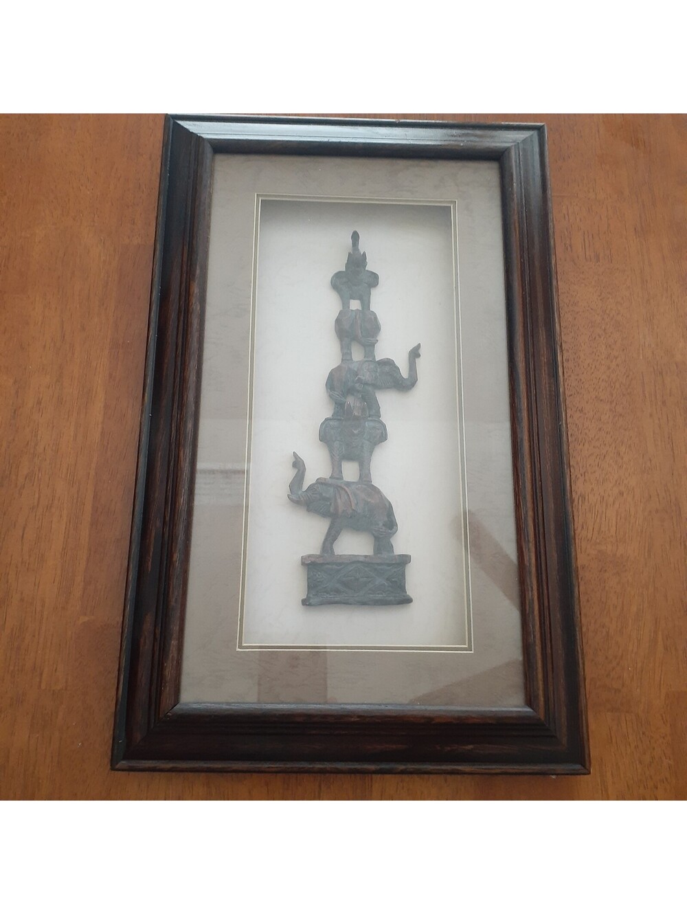 Vintage Framed 3D Elephant Stacking Sculpture Wall Art